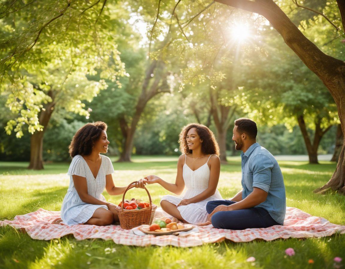 A warm and inviting scene depicting two diverse couples enjoying a picnic in a sunny park, surrounded by lush greenery and blooming flowers, showcasing joy, laughter, and connection. The couples are engaged in conversation, highlighting elements of intimacy and support through gestures such as hand-holding and shared smiles. Incorporate soft sunlight filtering through tree leaves to create a serene atmosphere that embodies unity. super-realistic. vibrant colors. sunny atmosphere.
