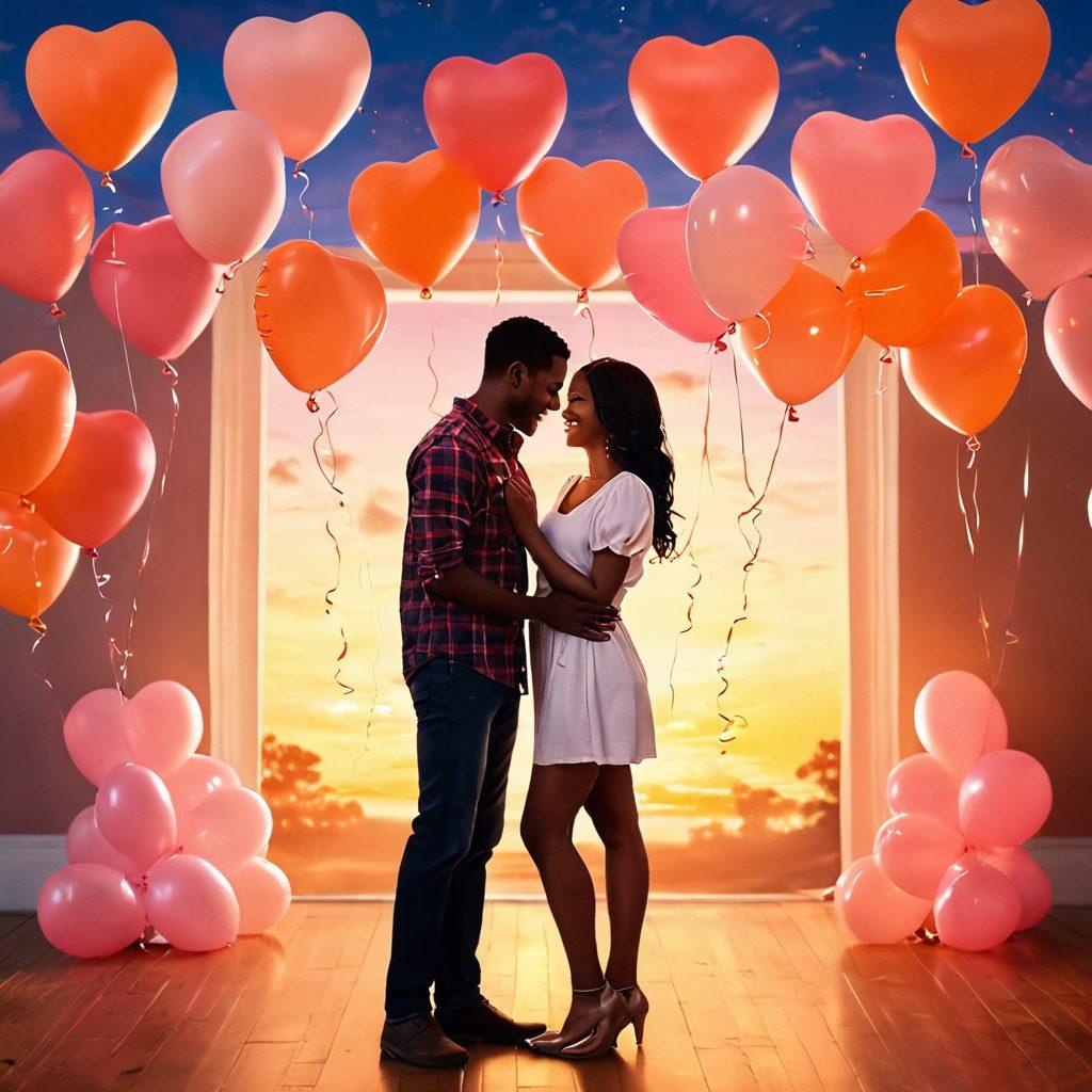 A warm, inviting scene showcasing diverse couples engaging in joyful activities together, surrounded by heart-shaped balloons and glowing lights symbolizing passion and connection. Emphasize deep eye contact and genuine smiles, portraying love and devotion. The background should feature a soft sunset sky, blending warm colors of orange and pink. Use a painterly style that conveys warmth and emotion.