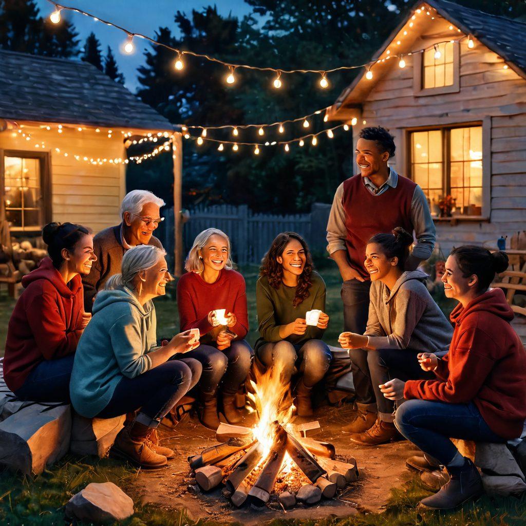 A warm, cozy scene depicting diverse people of various ages and backgrounds sharing laughter and stories around a bonfire, surrounded by glowing fairy lights. Their expressions radiate joy and connection as they engage in a heartfelt conversation, reinforcing the theme of togetherness and emotional bonds. Soft, inviting colors enhance the atmosphere, creating a sense of warmth and nostalgia. painterly style. vibrant colors.